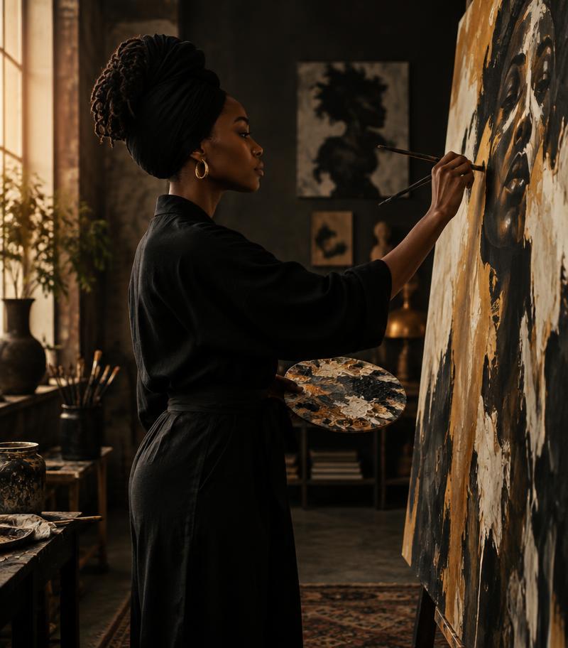 Visual artist painting in her studio